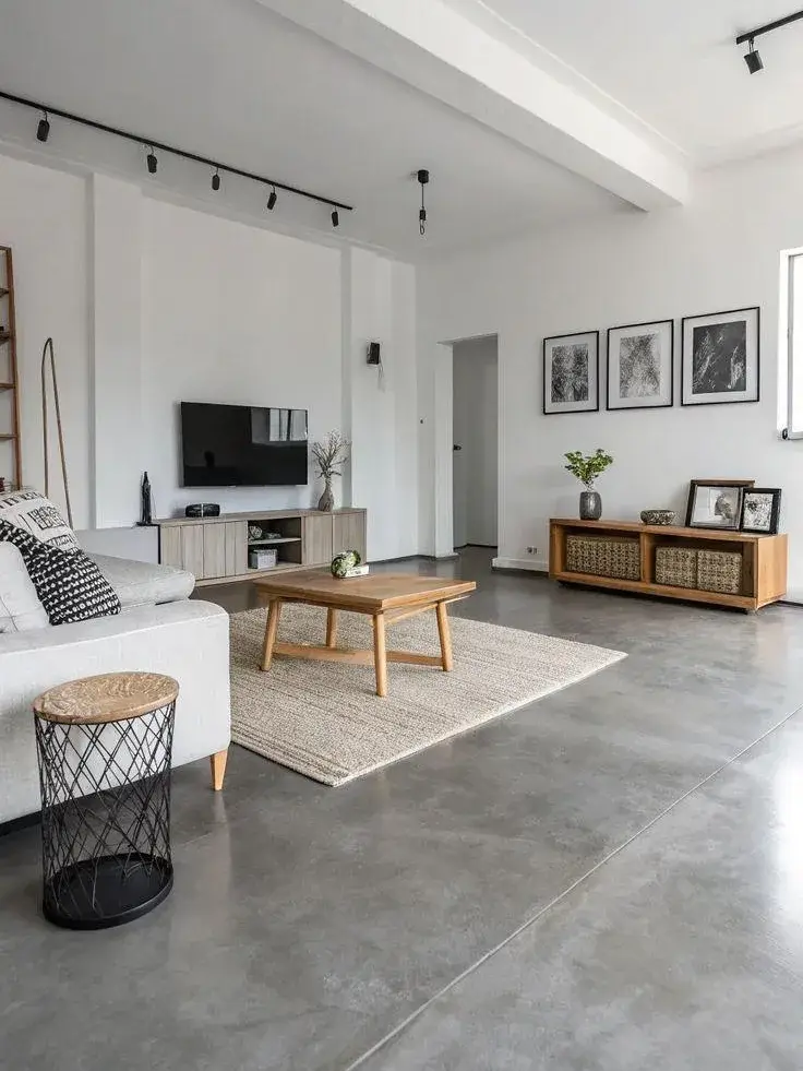 A bright open living room with a polished concrete floor, a pale sofa and framed prints