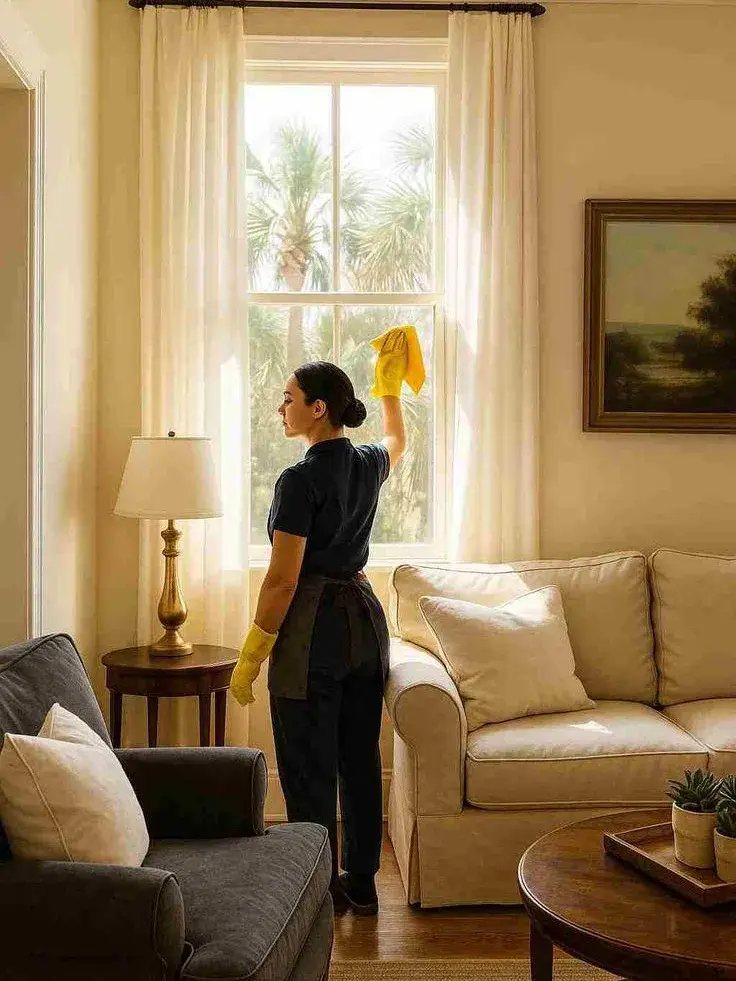 A cleaner in navy wiping a tall window in a sunlit living room with cream sofas and a brass lamp